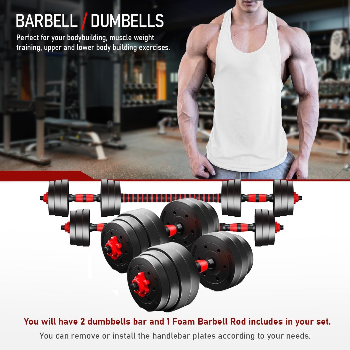 40kg Dumbbells and Barbell Weight Set - Adjustable Dumbbells Set with Connecting Rod - Training Equipment for Men and Women for Home Training, Lifting, Fitness, Gym, Workout