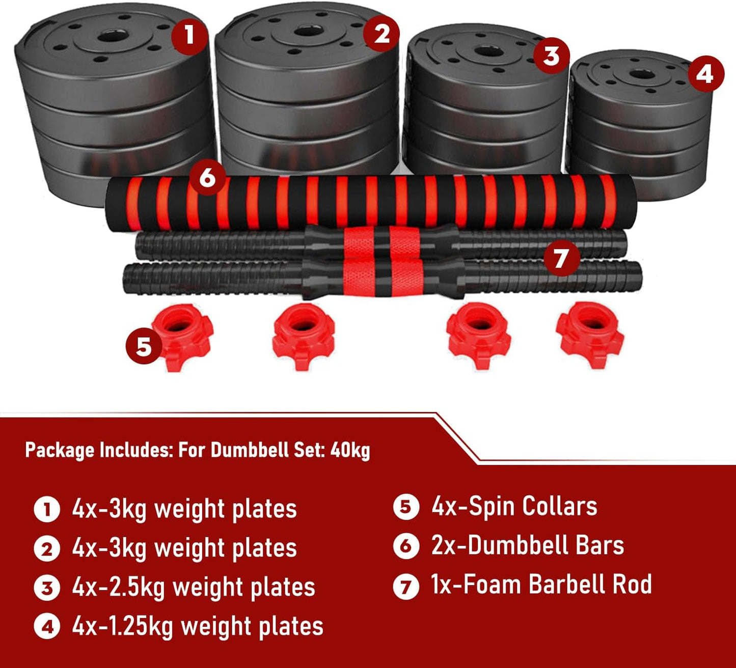 40kg Dumbbells and Barbell Weight Set - Adjustable Dumbbells Set with Connecting Rod - Training Equipment for Men and Women for Home Training, Lifting, Fitness, Gym, Workout