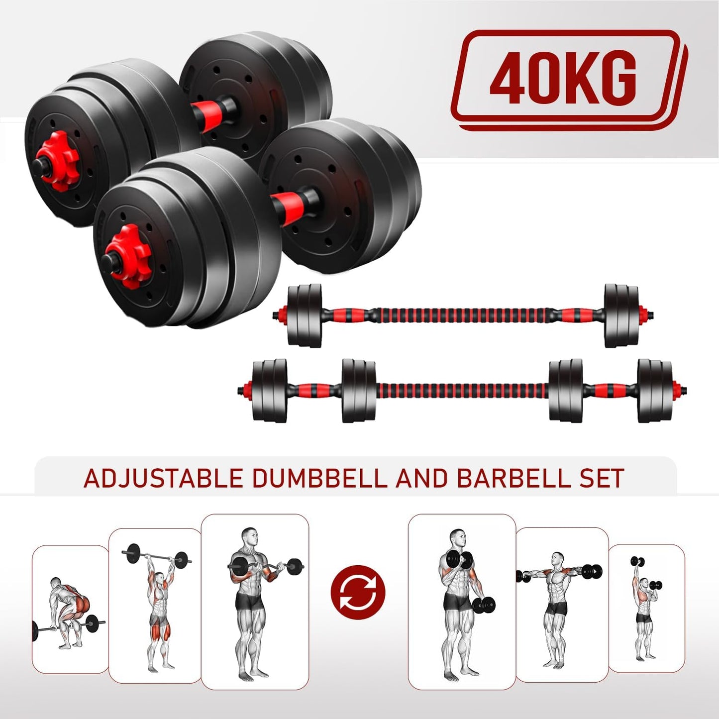 40kg Dumbbells and Barbell Weight Set - Adjustable Dumbbells Set with Connecting Rod - Training Equipment for Men and Women for Home Training, Lifting, Fitness, Gym, Workout
