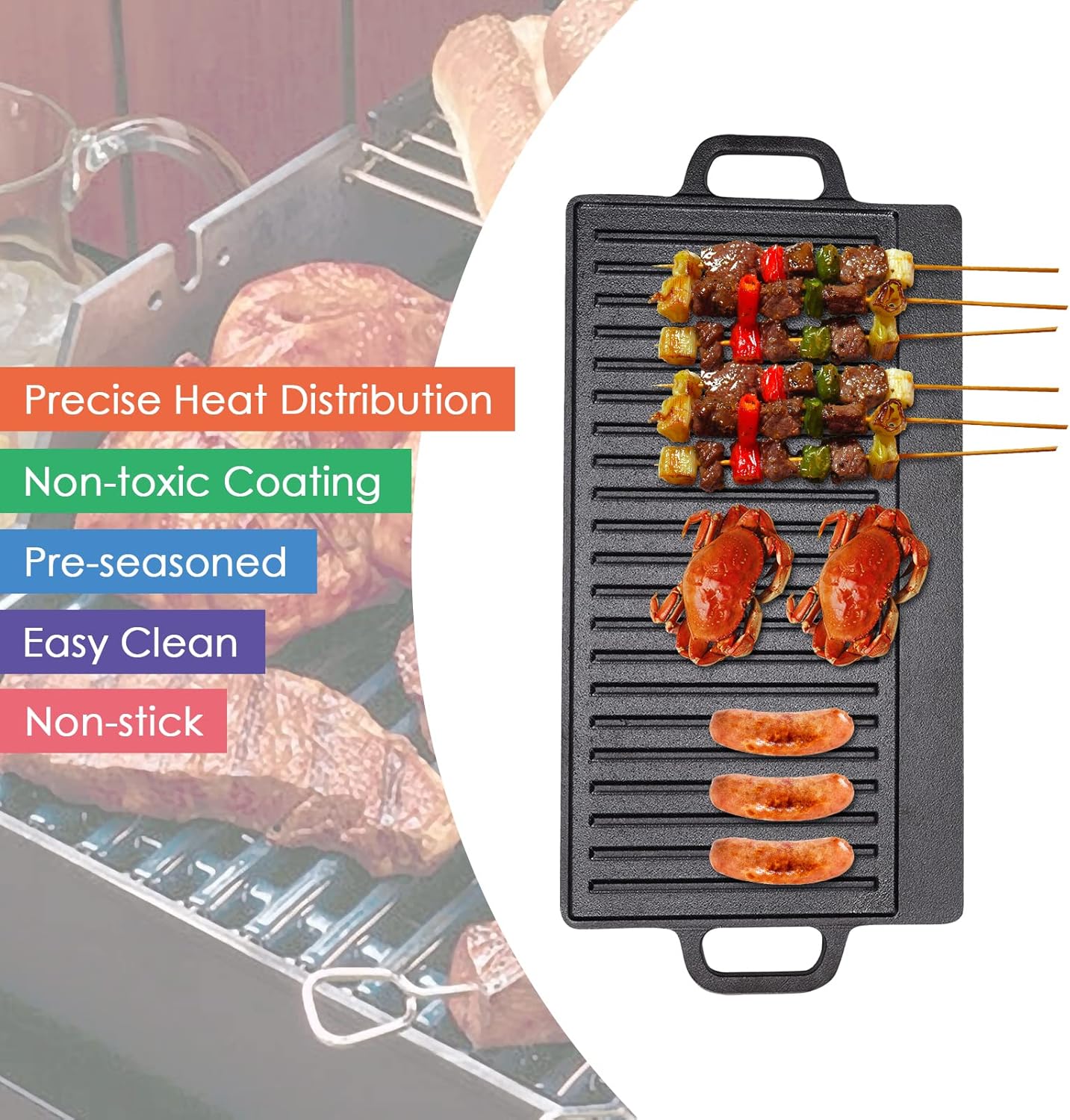 Double Sided BBQ Griddle Plate 44x23cm Non Stick Coating and Flat Surface for Gas and Electric Hobs