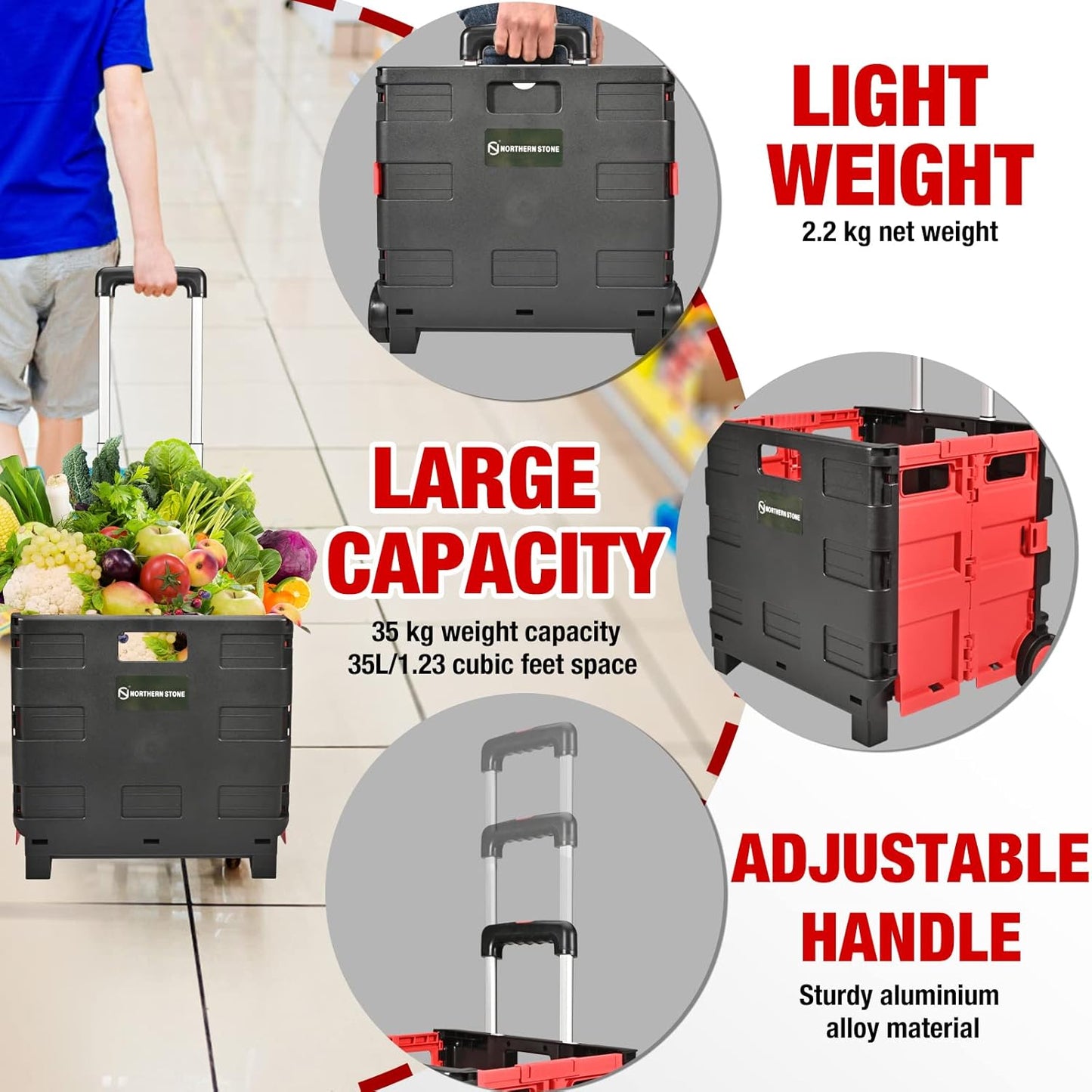 NORTHERN STONE Folding Shopping Trolley Cart with Noiseless Wheel and Adjustable Telescopic Aluminum Handle, Collapsible Utility Trolley Box