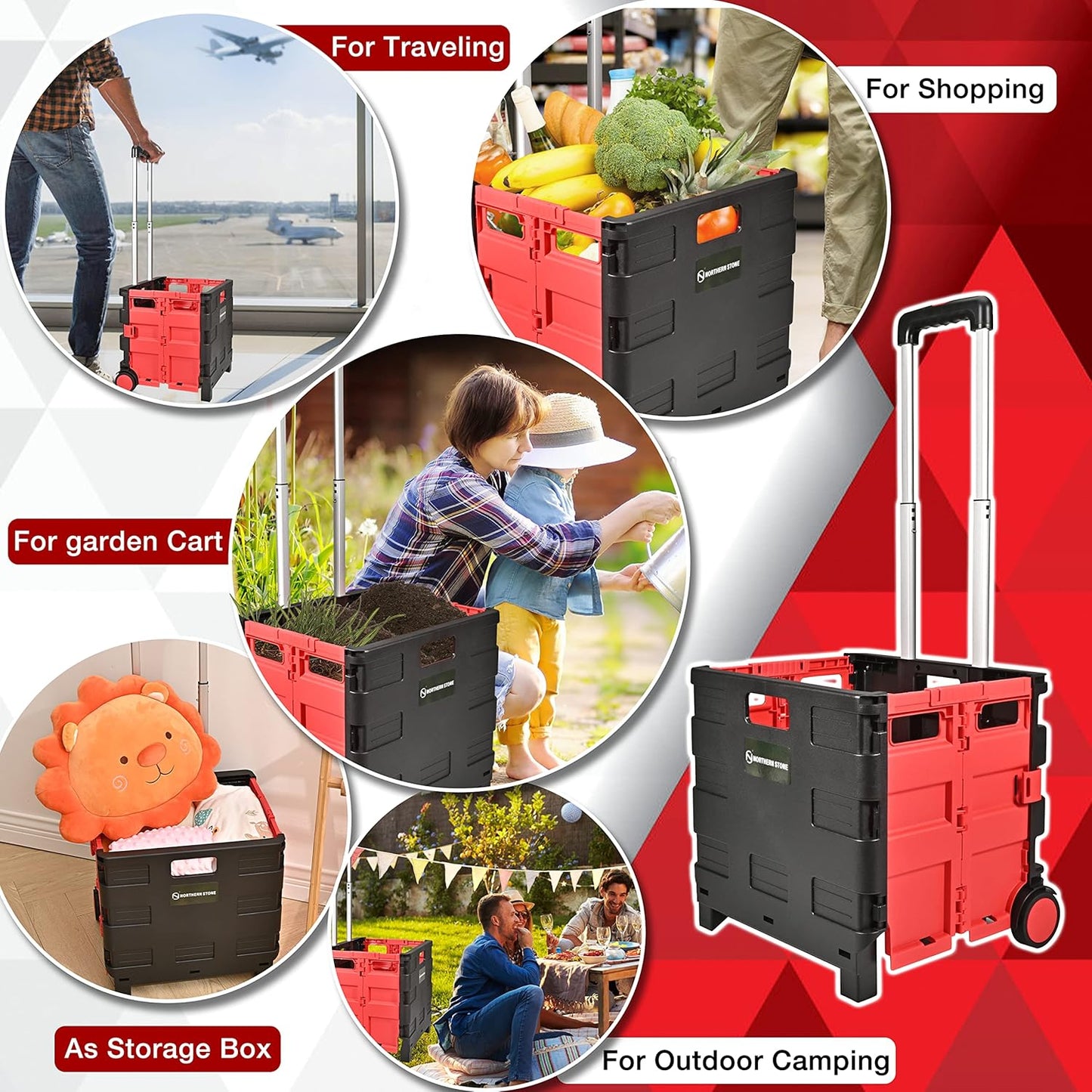 NORTHERN STONE Folding Shopping Trolley Cart with Noiseless Wheel and Adjustable Telescopic Aluminum Handle, Collapsible Utility Trolley Box