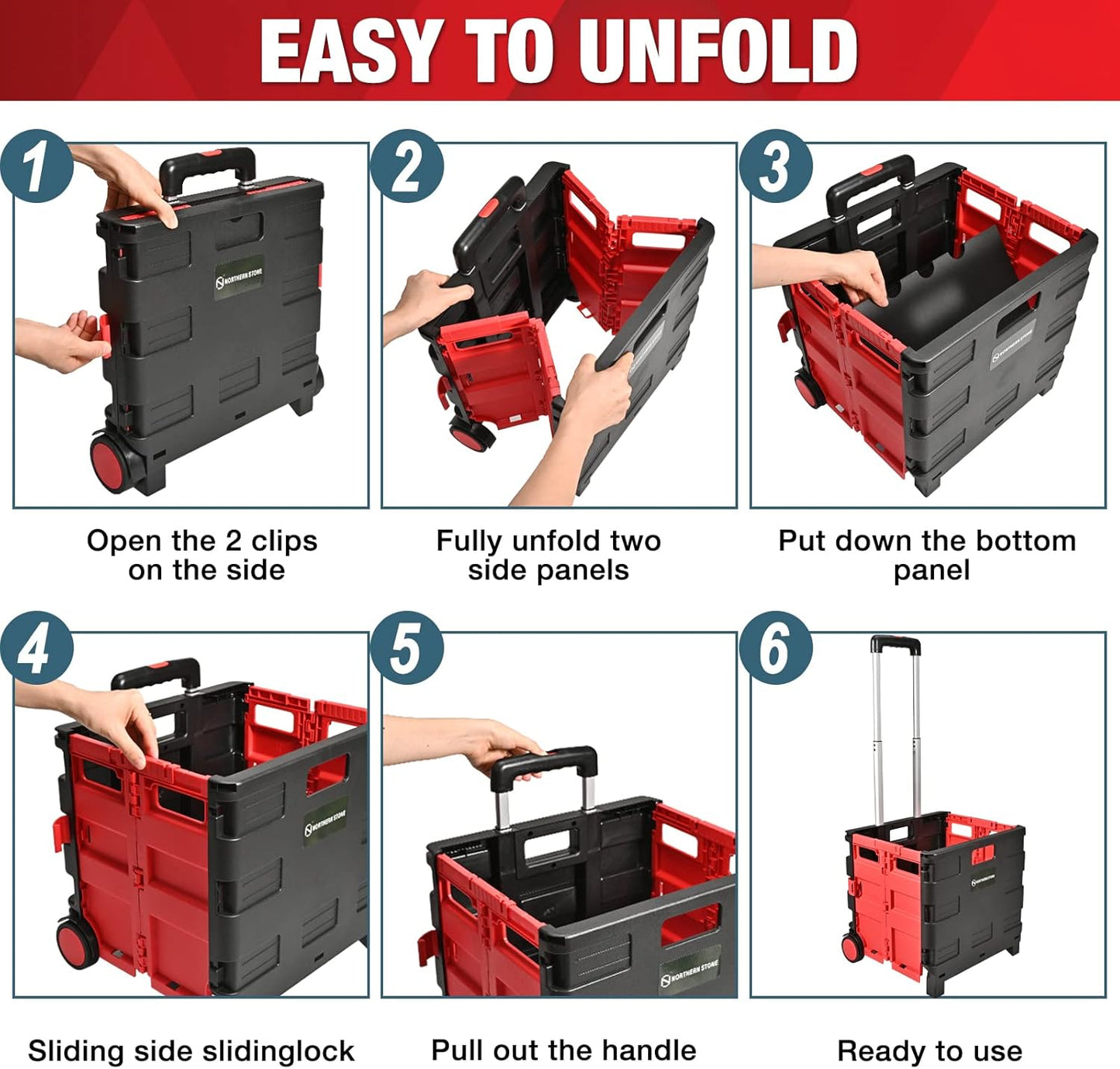 NORTHERN STONE Folding Shopping Trolley Cart with Noiseless Wheel and Adjustable Telescopic Aluminum Handle, Collapsible Utility Trolley Box