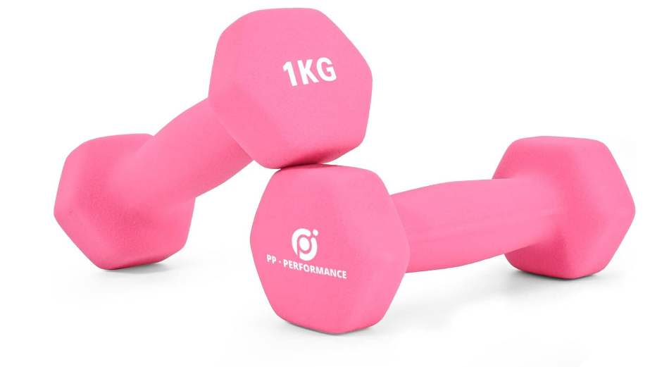PP PERFORMANCE 1kg Neoprene Dumbbell Hand Weights for Women Men Arm Pilates Dumbbell Set of 2 (A Pair)