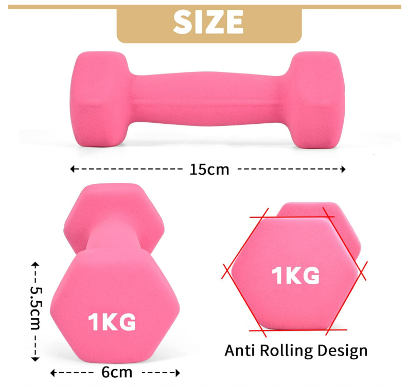 PP PERFORMANCE 1kg Neoprene Dumbbell Hand Weights for Women Men Arm Pilates Dumbbell Set of 2 (A Pair)