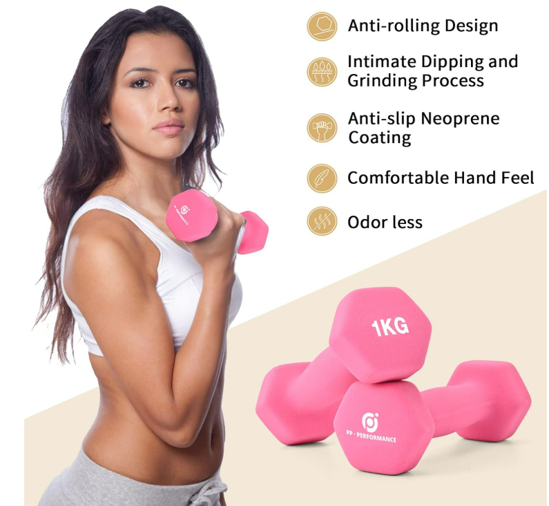 PP PERFORMANCE 1kg Neoprene Dumbbell Hand Weights for Women Men Arm Pilates Dumbbell Set of 2 (A Pair)