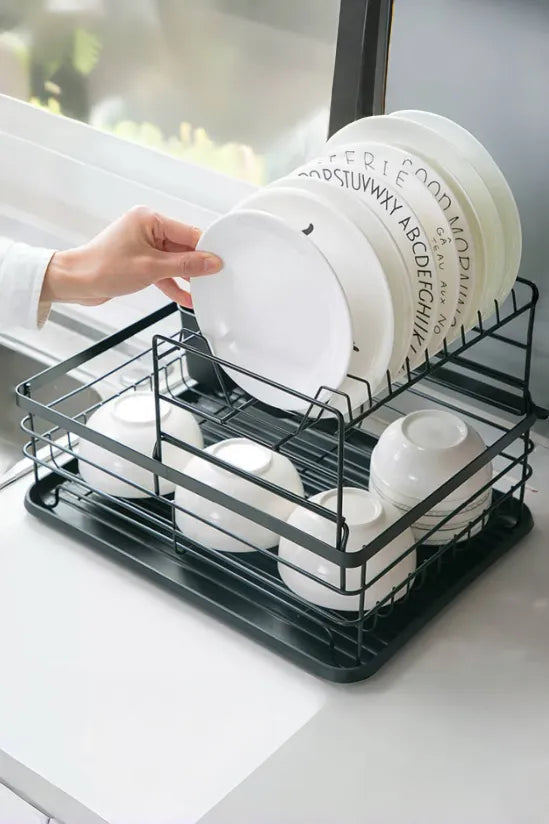 Kitchen 2-Tier Metal Dish Drainer Rack Detachable Storage Drip Tray Draining Board