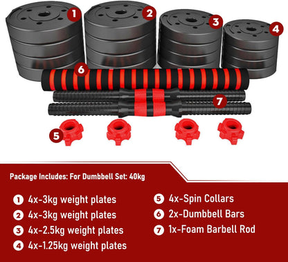 40kg Dumbbells and Barbell Weight Set - Adjustable Dumbbells Set with Connecting Rod - Training Equipment for Men and Women for Home Training, Lifting, Fitness, Gym, Workout
