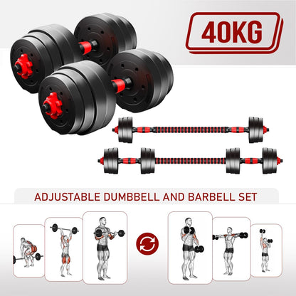 40kg Dumbbells and Barbell Weight Set - Adjustable Dumbbells Set with Connecting Rod - Training Equipment for Men and Women for Home Training, Lifting, Fitness, Gym, Workout