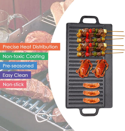 Double Sided BBQ Griddle Plate 44x23cm Non Stick Coating and Flat Surface for Gas and Electric Hobs