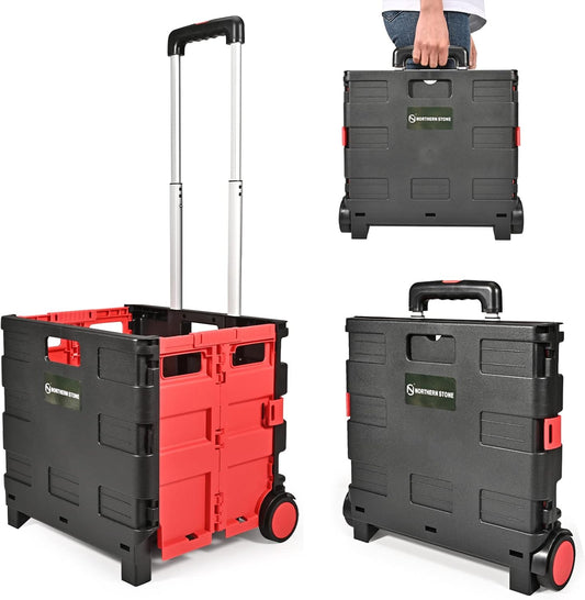 NORTHERN STONE Folding Shopping Trolley Cart with Noiseless Wheel and Adjustable Telescopic Aluminum Handle, Collapsible Utility Trolley Box
