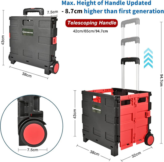 NORTHERN STONE Folding Shopping Trolley Cart with Noiseless Wheel and Adjustable Telescopic Aluminum Handle, Collapsible Utility Trolley Box