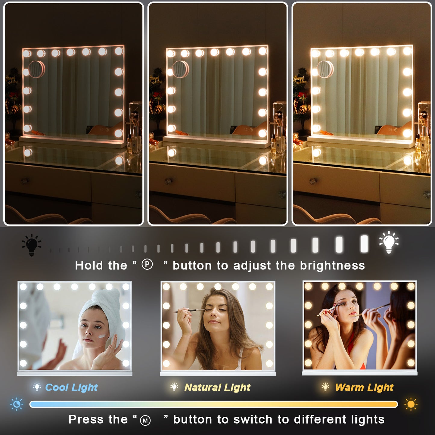 Hollywood Vanity Make Up Mirror 15 LED Light Up with Lights Wall - Metal White