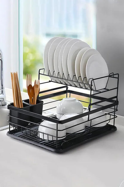 Kitchen 2-Tier Metal Dish Drainer Rack Detachable Storage Drip Tray Draining Board