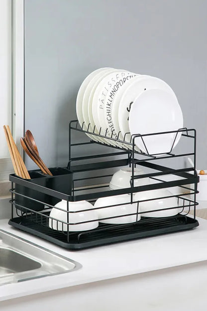 Kitchen 2-Tier Metal Dish Drainer Rack Detachable Storage Drip Tray Draining Board