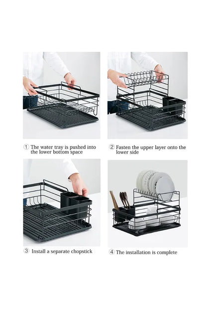 Kitchen 2-Tier Metal Dish Drainer Rack Detachable Storage Drip Tray Draining Board
